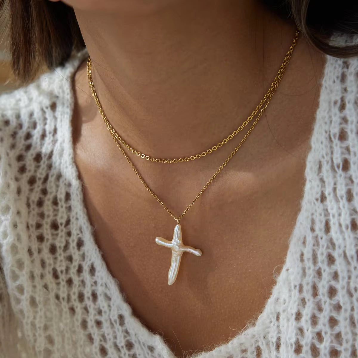 SunKissedBali || Freshwater pearl cross pendant two layered stainless steel 18K gold plated necklace || Waterproof, tarnish free & hypoallergenic jewelry
